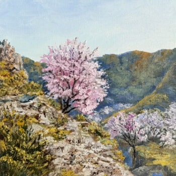 Painting titled "Almond blossoms Tre…" by Tamara Rozinskay, Original Artwork, Oil Mounted on Cardboard