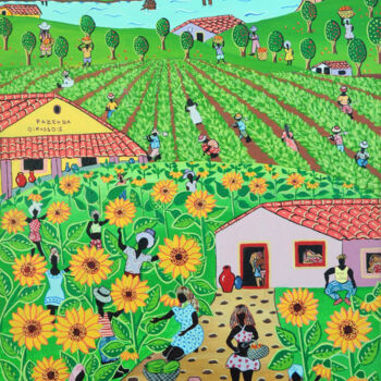 Painting titled "Fazenda Girassoís" by Tania Azevedo, Original Artwork, Acrylic