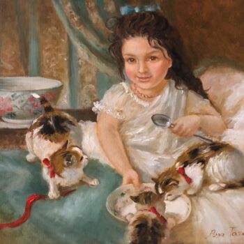 Peinture intitulée "Девочка с котятами" par Tatiana Rykova (Rosa), Œuvre d'art originale, Huile