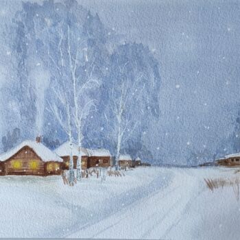 Ζωγραφική με τίτλο "Зима в деревне" από Tatiana Chernetsova, Αυθεντικά έργα τέχνης, Ακουαρέλα
