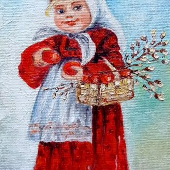 Painting titled "Girl with a basket" by Tatiana Fox'Tena, Original Artwork, Oil