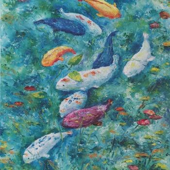Pintura titulada "Fishes in the lake.…" por Tatiana Krilova, Obra de arte original, Oleo