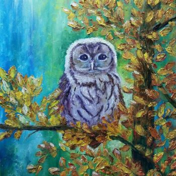 Pintura titulada "Owl on a tree. Oil…" por Tatiana Krilova, Obra de arte original, Oleo