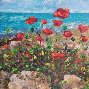 Painting titled "Poppies on the seas…" by Tatiana Krilova, Original Artwork, Oil
