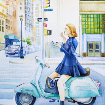 "A Girl on a Moped" başlıklı Tablo Tatiana Repesciuc tarafından, Orijinal sanat, Suluboya
