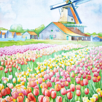 Painting titled "Netherlands Field o…" by Tatiana Repesciuc, Original Artwork, Watercolor