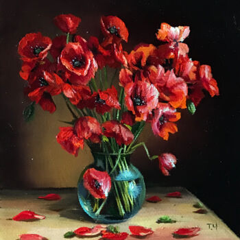 Pintura intitulada "Miniature "Red Popp…" por Tatjana Cechun, Obras de arte originais, Óleo