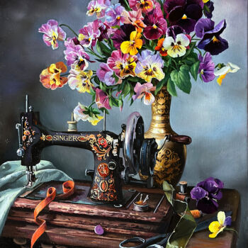 Pintura titulada "Pansies and sewing…" por Tatjana Cechun, Obra de arte original, Oleo