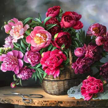 Pintura intitulada "Peonies and scissors" por Tatjana Cechun, Obras de arte originais, Óleo