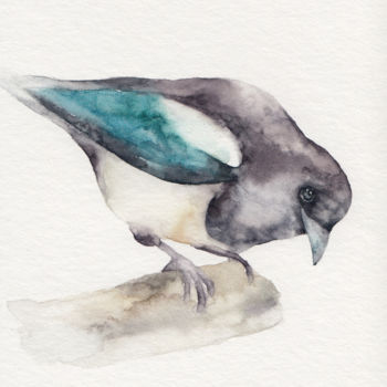 Malerei mit dem Titel "Elster Vogel, Origi…" von Delicate Aesthetic, Original-Kunstwerk, Aquarell