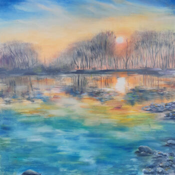 Painting titled "Sunset" by Tatyana Pertsel, Original Artwork, Oil Mounted on Wood Stretcher frame