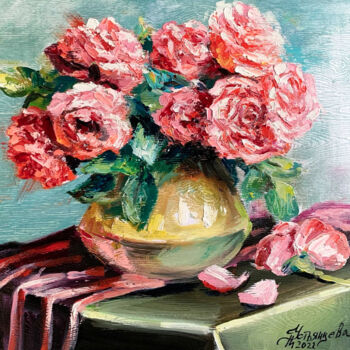 Картина под названием "red roses oil paint…" - Tatyana Ustyantseva, Подлинное произведение искусства, Масло