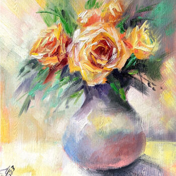 Malerei mit dem Titel "roses in a vase oil…" von Tatyana Ustyantseva, Original-Kunstwerk, Öl