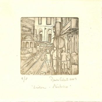 Disegno intitolato "Lisboa - Eléctrico" da Tavares Alves, Opera d'arte originale