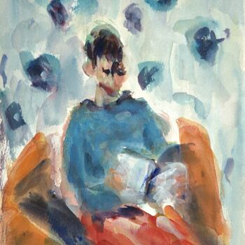 Картина под названием "A young woman readi…" - Terushige Matsumoto, Подлинное произведение искусства, Акварель