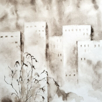 Painting titled "Skyscrapers. Weed" by Tetiana Hladysh, Original Artwork, Watercolor