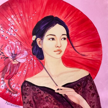 Картина под названием "Girl with a red umb…" - Tetiana Lukianchenko, Подлинное произведение искусства, Акрил