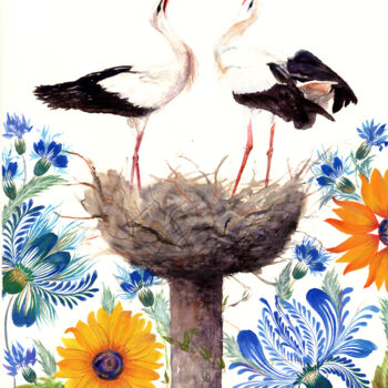 "Pair of storks in t…" başlıklı Tablo Tetiana Savchenko tarafından, Orijinal sanat, Guaş boya