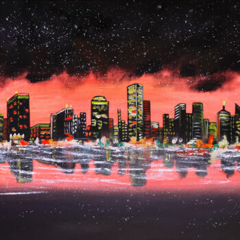 Malarstwo zatytułowany „Night Coastal Citys…” autorstwa Tetiana Surshko (SurshkoArt), Oryginalna praca, Olej