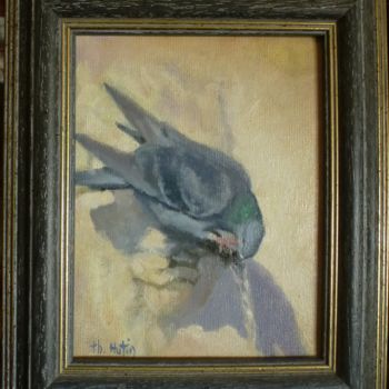 Pintura titulada "pigeon-a-la-fontaine" por Th. Hutin, Obra de arte original