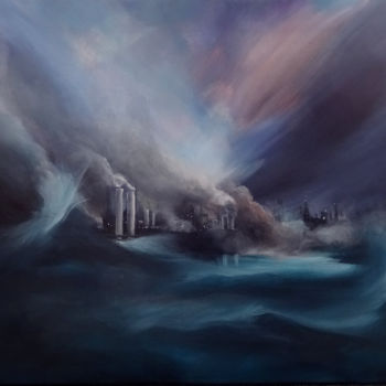 Painting titled "Factory at Sea" by Pascal Fessler, Original Artwork, Acrylic Mounted on Wood Stretcher frame