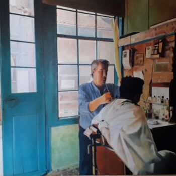 Pintura titulada "Barber shop." por Theodoros Markopoulos, Obra de arte original, Oleo