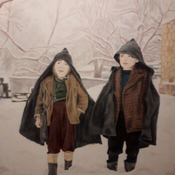 Painting titled "Kids in the snow." by Theodoros Markopoulos, Original Artwork, Pastel