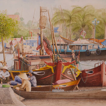 Schilderij getiteld "Port Vietnam" door Thierry Brunner, Origineel Kunstwerk, Aquarel