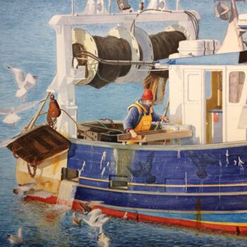 Schilderij getiteld "Retour de pêche" door Thierry Brunner, Origineel Kunstwerk, Aquarel