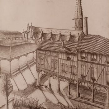 「Mirepoix sa Cathédr…」というタイトルの描画 Thierry Rousselによって, オリジナルのアートワーク, 鉛筆 ウッドストレッチャーフレームにマウント