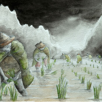 Malerei mit dem Titel "Planting Rice" von Thierry Falise, Original-Kunstwerk, Aquarell