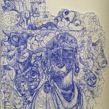 Drawing titled ""femme au regard tr…" by Thierry Pujalte, Original Artwork, Ballpoint pen