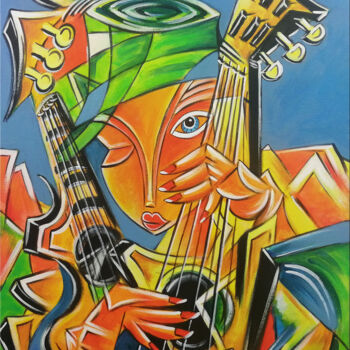 Painting titled "Guitarist Woman #M2…" by Thomas Lange, Original Artwork, Oil Mounted on Wood Stretcher frame