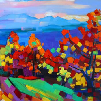 Painting titled "Autumn landscape or…" by Tigran Avetyan, Original Artwork, Oil Mounted on Wood Stretcher frame