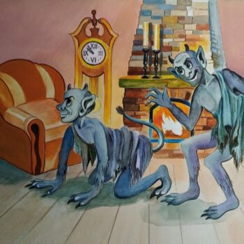 Schilderij getiteld ",,Devils''Halloween" door Irina Tischenko, Origineel Kunstwerk, Aquarel