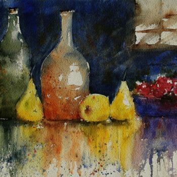 Painting titled "Natura morta con pe…" by Tito Fornasiero, Original Artwork, Watercolor