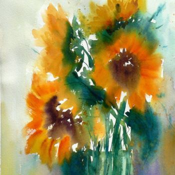 Painting titled "Girasoli" by Tito Fornasiero, Original Artwork, Watercolor