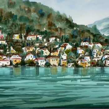 Painting titled "Lago di Como" by Tito Fornasiero, Original Artwork, Watercolor