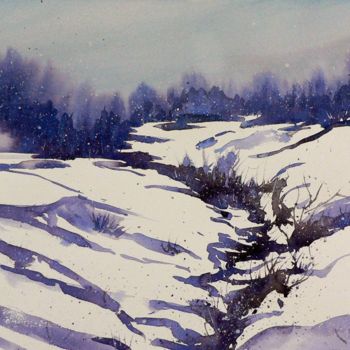 Pittura intitolato "Paesaggio innevato 3" da Tito Fornasiero, Opera d'arte originale, Acquarello