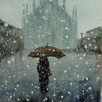 Pittura intitolato "Milano - Nevicata i…" da Tito Fornasiero, Opera d'arte originale, Acquarello