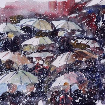 Pittura intitolato "Nevicata" da Tito Fornasiero, Opera d'arte originale, Acquarello