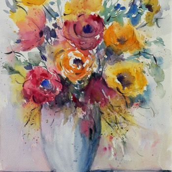 Pittura intitolato "Vaso di fiori" da Tito Fornasiero, Opera d'arte originale, Acquarello