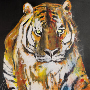 Malerei mit dem Titel "Tiger" von Tomoya Nakano, Original-Kunstwerk, Öl Auf Keilrahmen aus Holz montiert