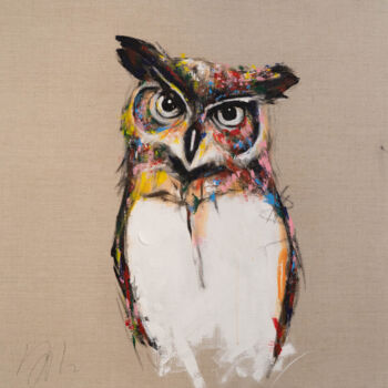 Schilderij getiteld "Owl" door Tomoya Nakano, Origineel Kunstwerk, Olie Gemonteerd op Frame voor houten brancard