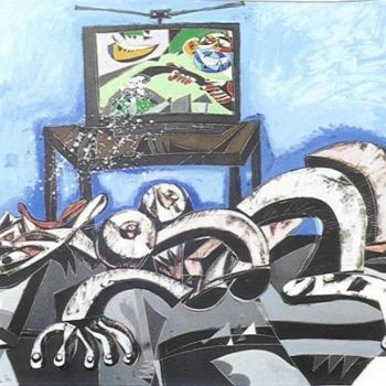Pintura intitulada "woman and tv" por Toni Milaqi, Obras de arte originais