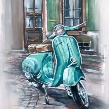 Painting titled "Vintage Vespa on Ca…" by Tonya Seiler, Original Artwork, Oil Mounted on Wood Panel