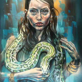 绘画 标题为“Eve and the serpent.” 由Tonya Seiler, 原创艺术品, 油 安装在木质担架架上