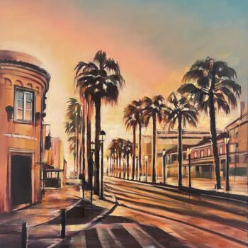 Pittura intitolato "Cascais Palms Sunset" da Tonya Seiler, Opera d'arte originale, Olio Montato su Telaio per barella in leg…