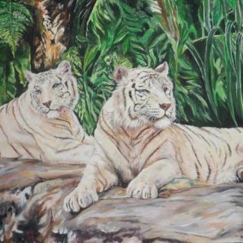 Painting titled "Family of white tig…" by Katerina Evgenieva, Original Artwork, Oil