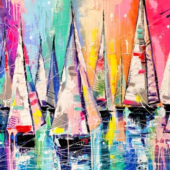 Ζωγραφική με τίτλο "Colorful sailboats…" από Aliaksandra Tsesarskaya, Αυθεντικά έργα τέχνης, Ακρυλικό Τοποθετήθηκε στο Ξύλιν…